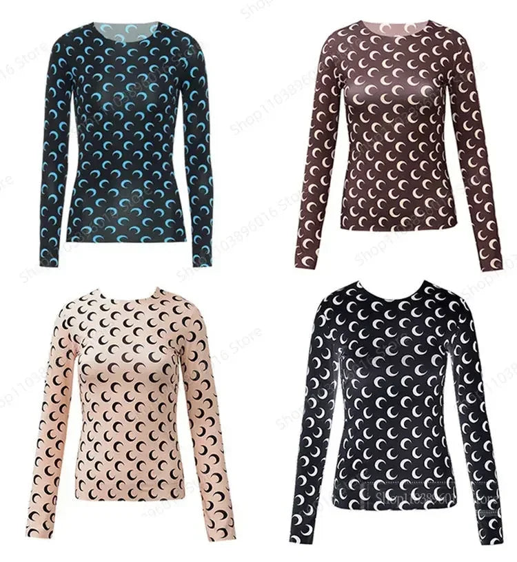 Moon Printed Tshirt Graphic Top for Women Stretchy Slim Korean Fall Spring Long Sleeve Tees Y2k Grunge T-Shirt 2000s Clothes