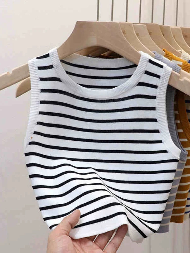2026 Spring Summer New Sleeveless Ice Silk Knit Tank Top Striped O-Neck Women's Camisole Slim Fit Versatile Sexy Crop Tops