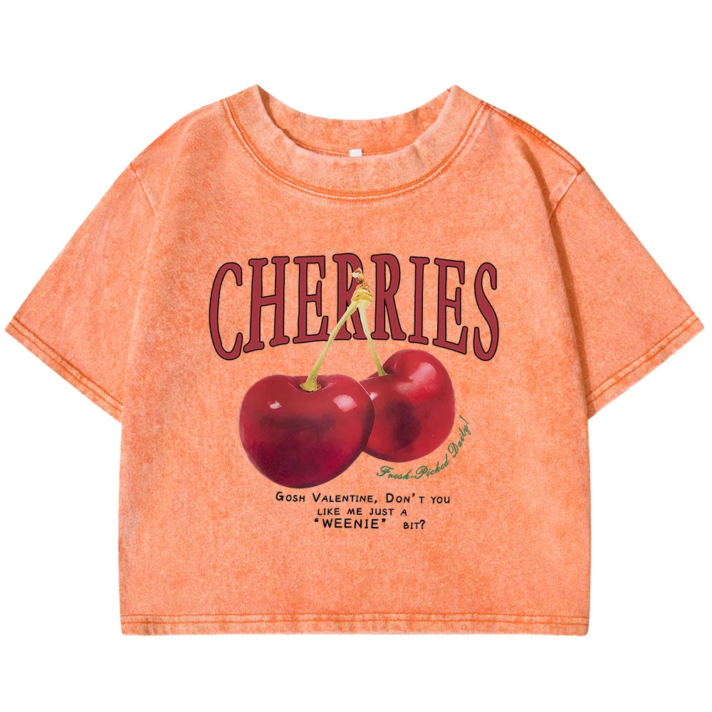 Red Cherries Letter Printed Female T-shirt Fashion Summer Washed Clothing Casual Cotton Crop Top Retro Tee Shirts For Women