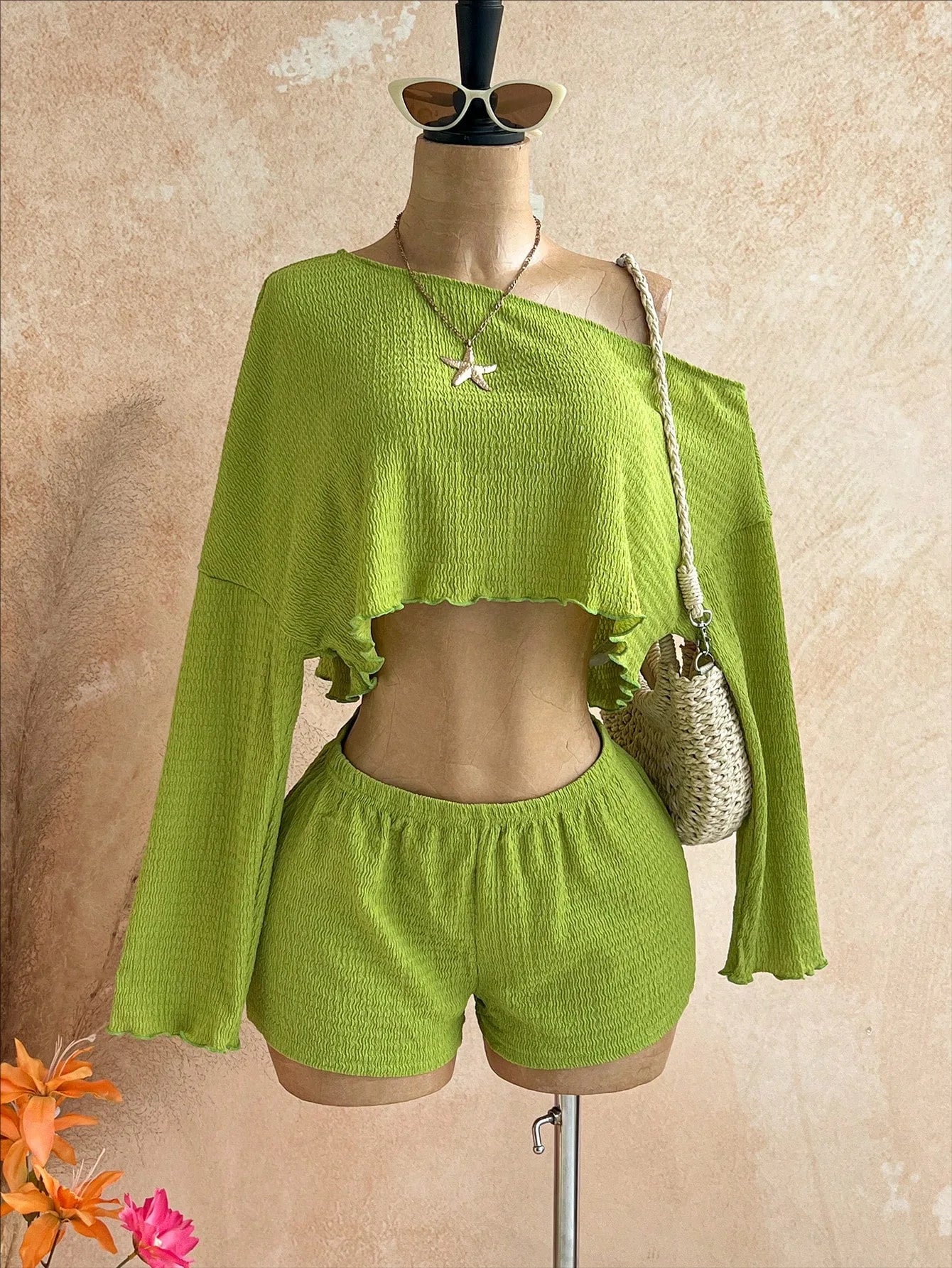 Two Piece Set Women Outfit 2026 Spring Summer New Slanted Collar Long Sleeve Crop Top & High Waist Casual Vacation Shorts Set