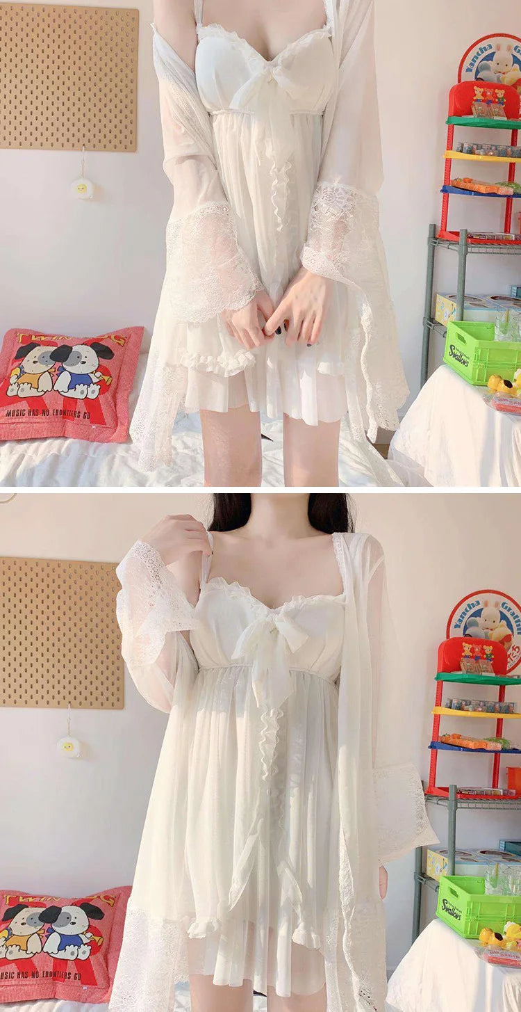 Summer Sexy Pajamas with Breast Pads Female Lace Pajamas Robe Gown Set Sexy Sleepwear White Lace Night Gown  Lingerie for Women