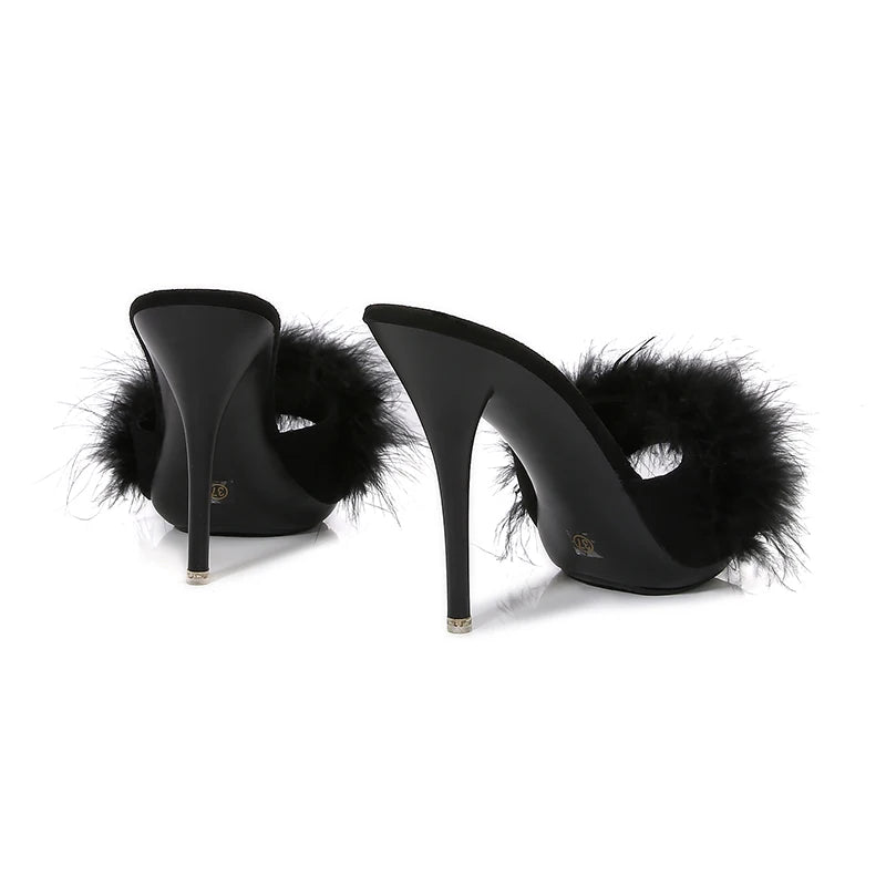 10CM Thin High Heel Designer Plus Size Summer Slippers For Ladies 2025 New Furry Slip-on Women's Shoes Pink Fur Slides Sandals