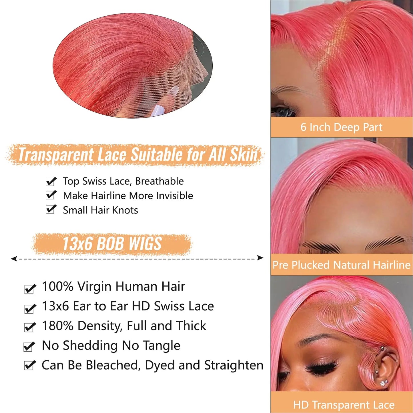36 Inch Light Pink Human Hair Pre Plucked 13x4 HD Transparent Lace Front Wigs 100% Brazilian Straight Human Hair Wig For Women