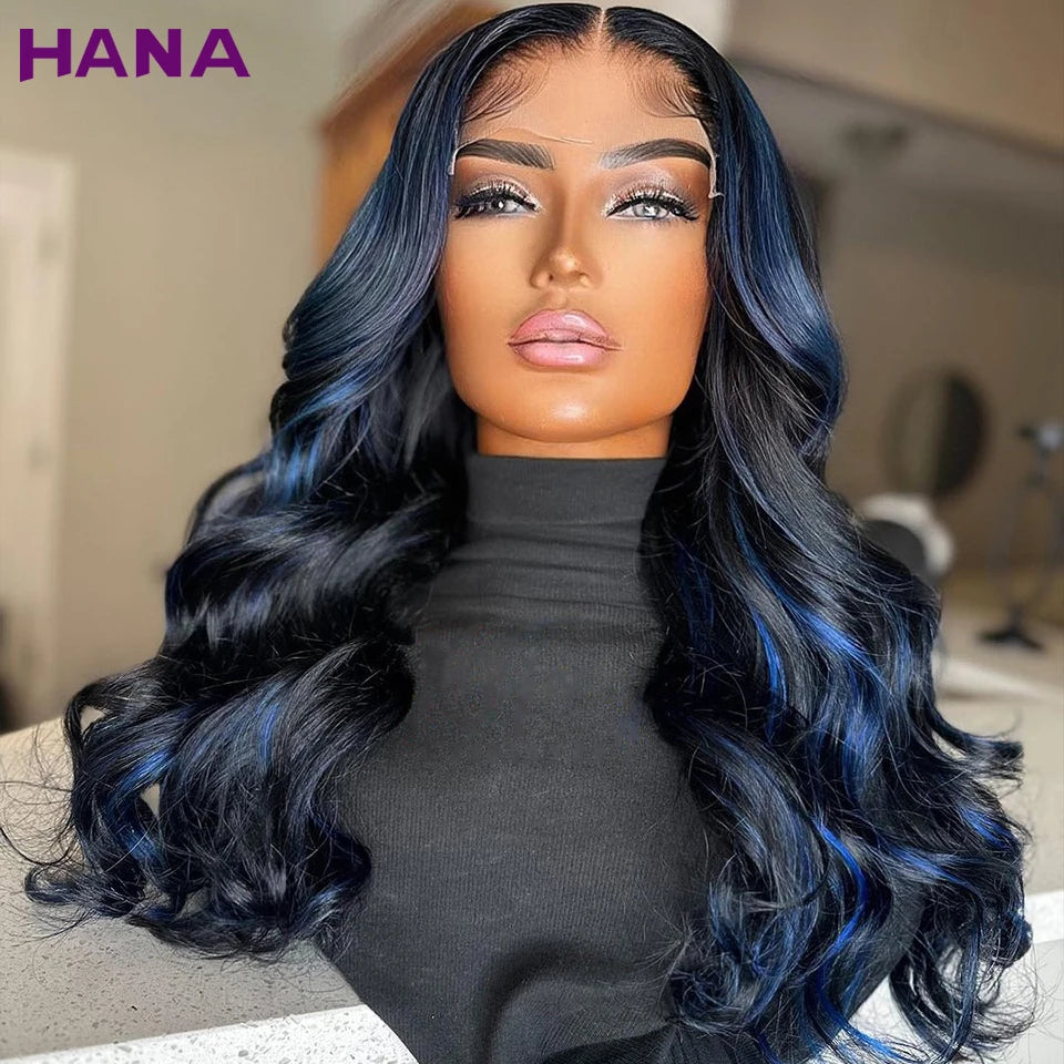 Ombre Blue Human Hair Wigs HD 13x6 Lace Frontal Wig Highlights Blue Brazilian Body Wave Bleached Knots Remy 5x7 Lace Closure Wig