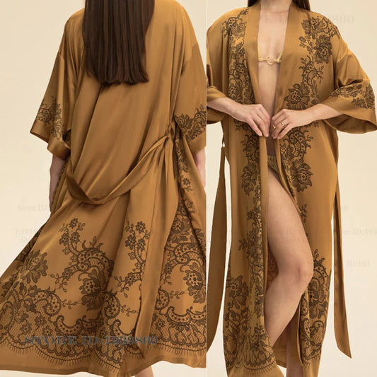 Plus Size Print Flower Long Robe Kimono Gown New Female Sleepwear Bathrobe Home Dress Loose Silky Satin Night Clothes Loungewear