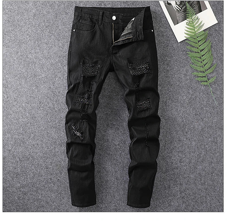 2024 spring and summer hot selling men's white distressed hot drilling jeans slim fit stylish American high street trendy jeans