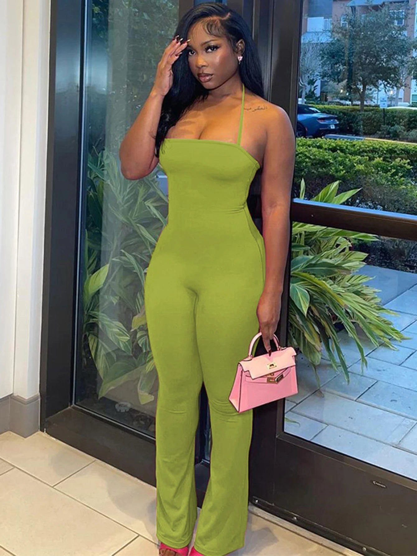 Hugcitar 2025 Spring Halter Solid Sleeveless Backless Sexy Bodycon Flare Pants Jumpsuit Women Casual Rompers Streetwear Festival