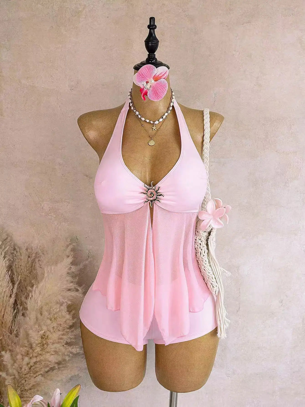 Vintage Yellow Polka Dot Print Bikini Set 2026 Women Metal Sun Ornament Mesh Tank Top High Waist Swimsuit Bathing Suit Swimwear