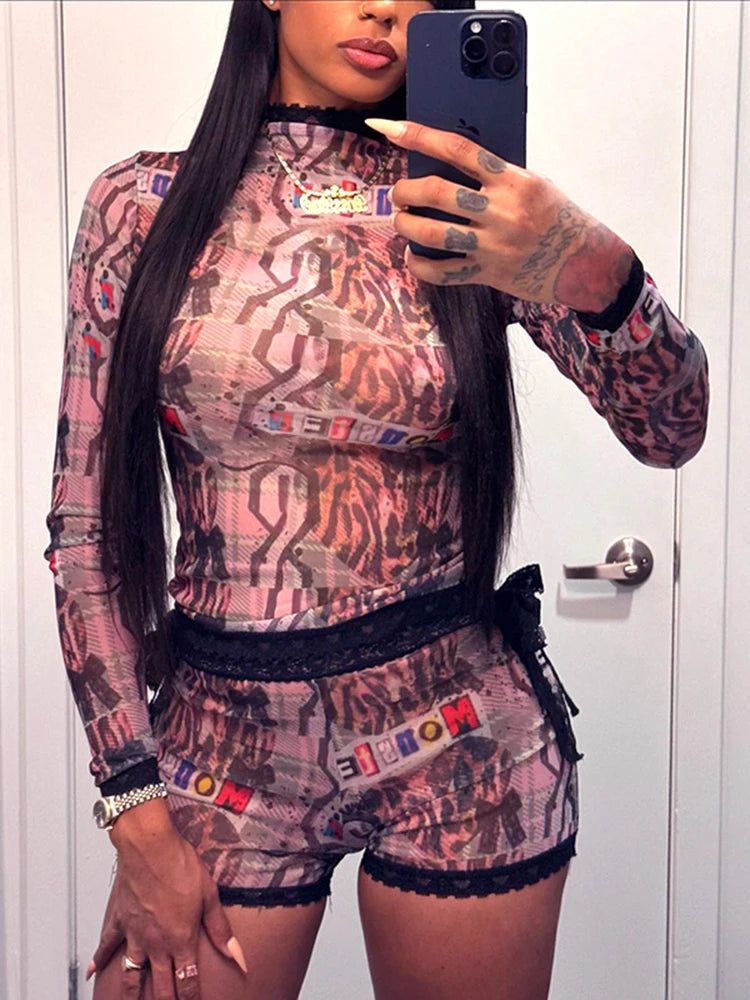 Weird Puss See Through Women 2 Piece Set Sexy Black-Edged Lace Sexy Full Sleeve Crop Tops+Shorts Matching Club Stretch Outfits