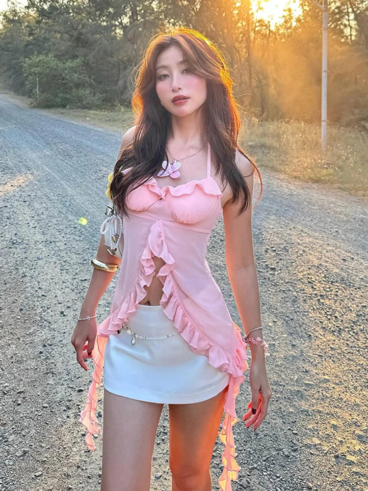 Weird Puss Patchwork Mesh Y2K Sexy Camisole Women Halter Bandage Low-Neck Tassel Ruffles 3d Flowers Midnight Club Sexy Tank Tops