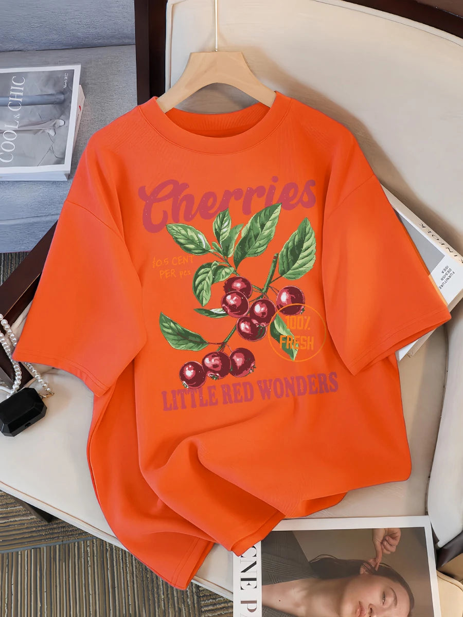 Cherries 100% Fresh Little Red Wonders Design Women T-Shirt Casual Loose T Shirts Hip Hop Cotton Sportswear Summer Soft Top