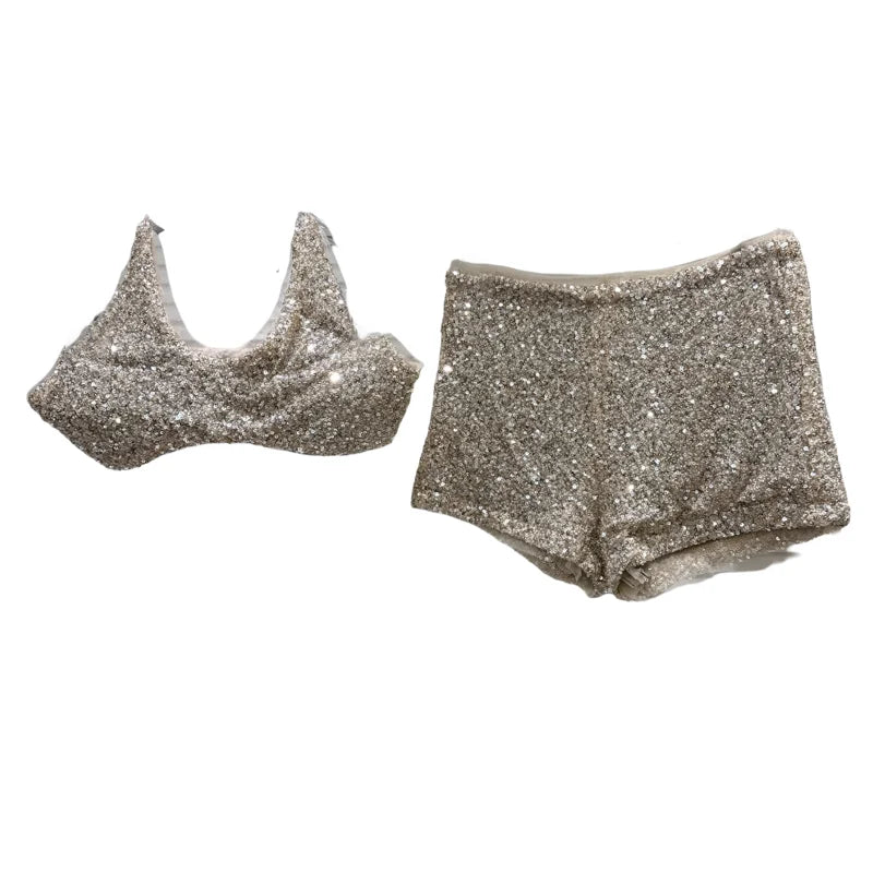DEAT 2026 Spring New Trendy Fashion Sequin Two-pieces Set For Women Halter Chest Pad Camisole Low Waist Shorts Female 11A08392