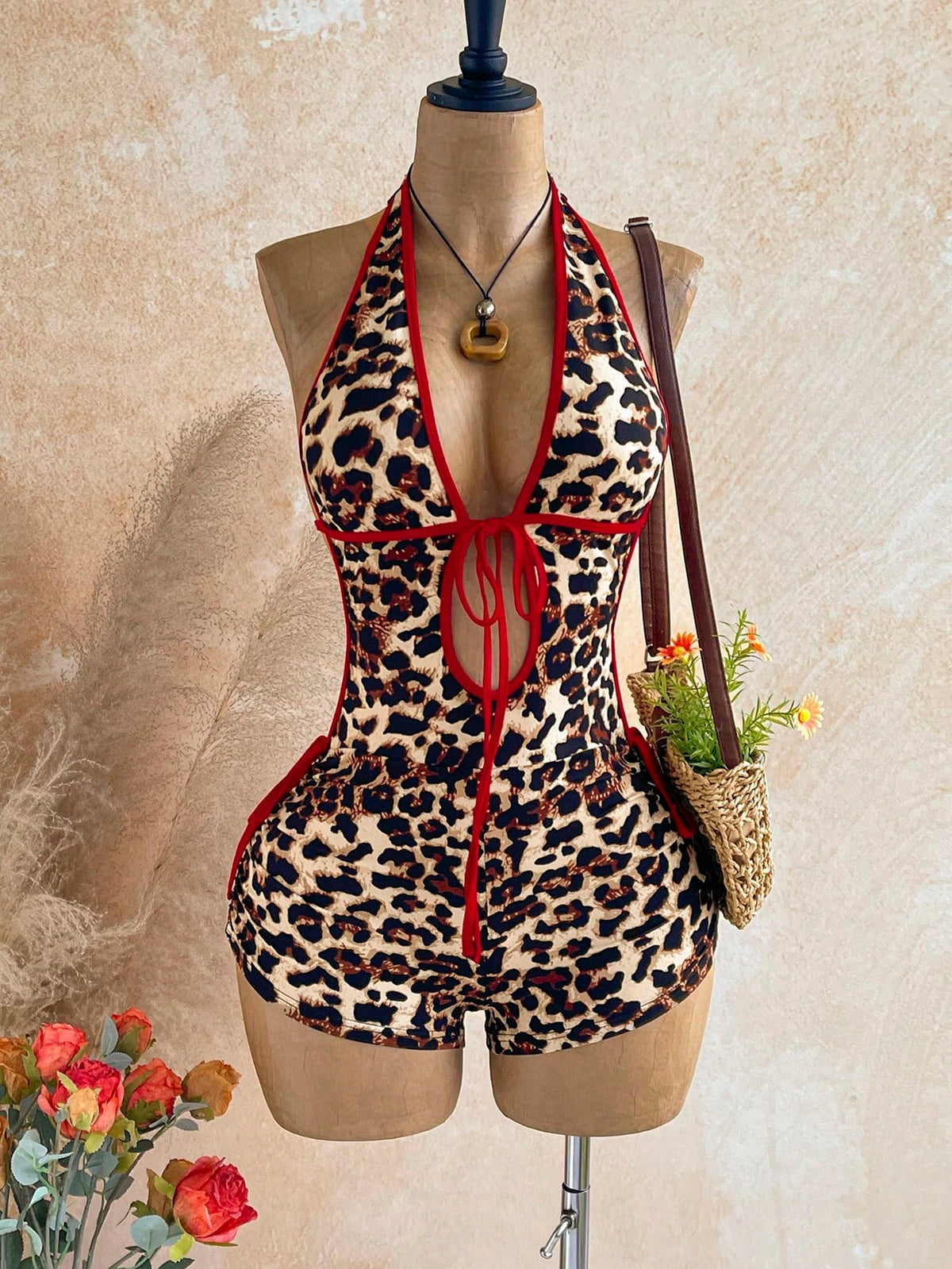 Vintage Melard Leopard Print Halter Neck Jumpsuit with Red Trim, Deep V Backless High-Waisted Tight-Fitting Hot Girl Vacation Jumpsuit