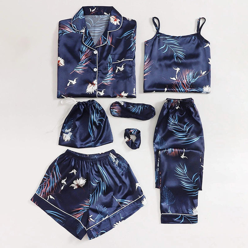 Women's Pajamas Set 7 Pieces Satin Sleepwear Pijama Silk Nightgown Suit Summer Women Home Clothing Printing Sleep Pyjama Femme