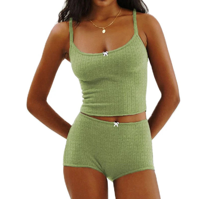 Women Casual Lounge Suit Vintage Cottage Eyelet 2 Piece Set Outfits Spaghetti Strap Camisole + Micro Shorts Y2K Kawaii Crop Tops