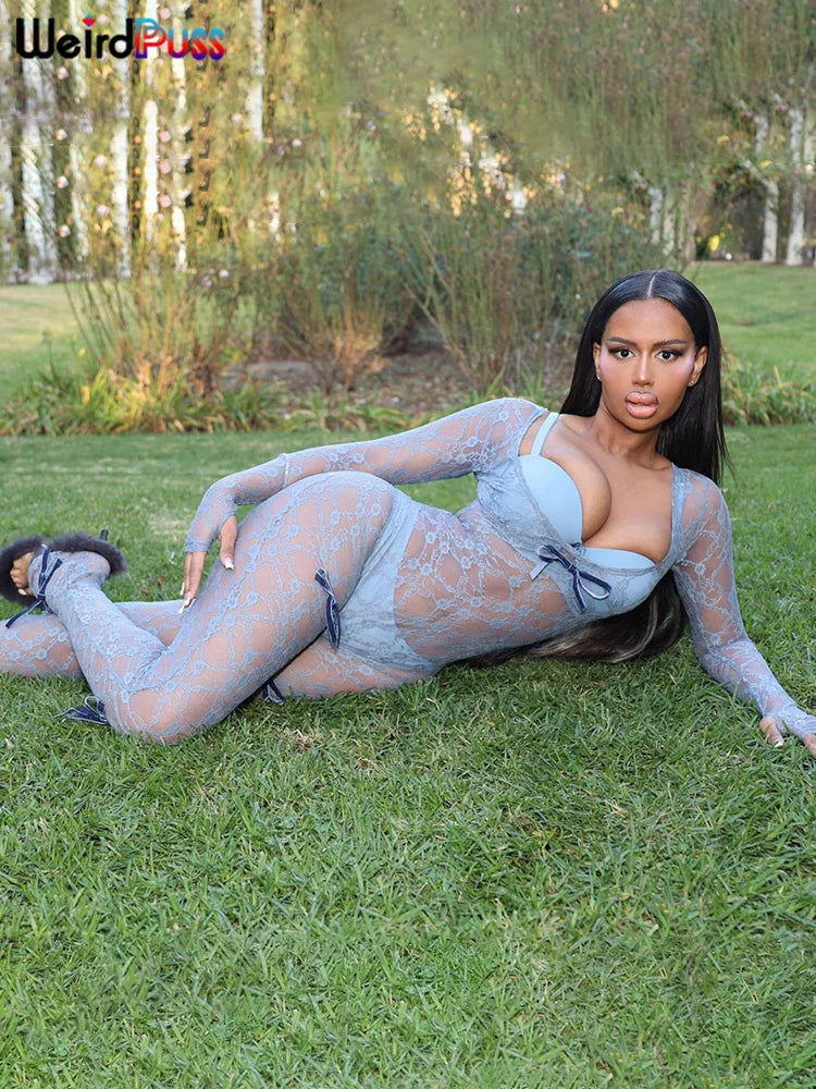 Weird Puss See Through Jumpsuit Sexy Women Summer Fashion Coquette Low-Neck Midnight Clubwear Skinny Elastic Workout Overalls