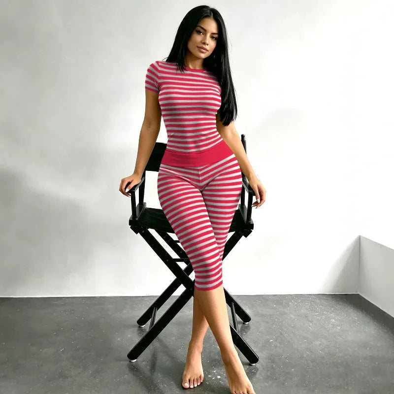 Women 2 Piece Casual Bodycon Outfit Striped Short Sleeve Tops High Waist Pants Set Loungewear Suit  Home Sleepwear Daily Wear