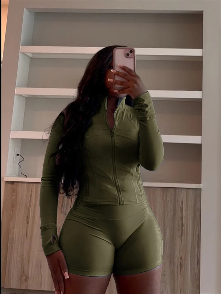 Weird Puss Casual Sporty 2 Piece Set Women Classic Tracksuit Cardigan Full Sleeve Jacket+Stretch Waist Skinny Shorts Trend Suits