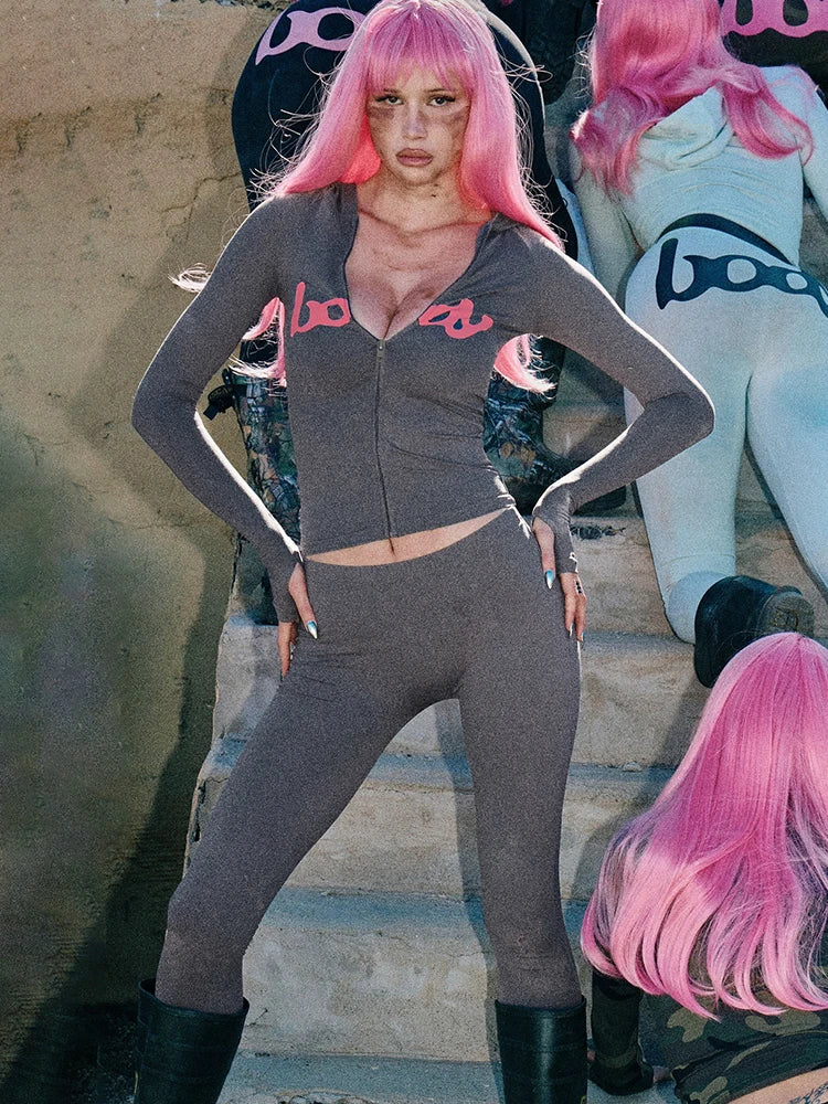 Weird Puss Letter Print Tracksuit 2-Piece Set Women Hooded Jacket+Leggings Matching Stretch Street Casual Sporty Slim Outfits