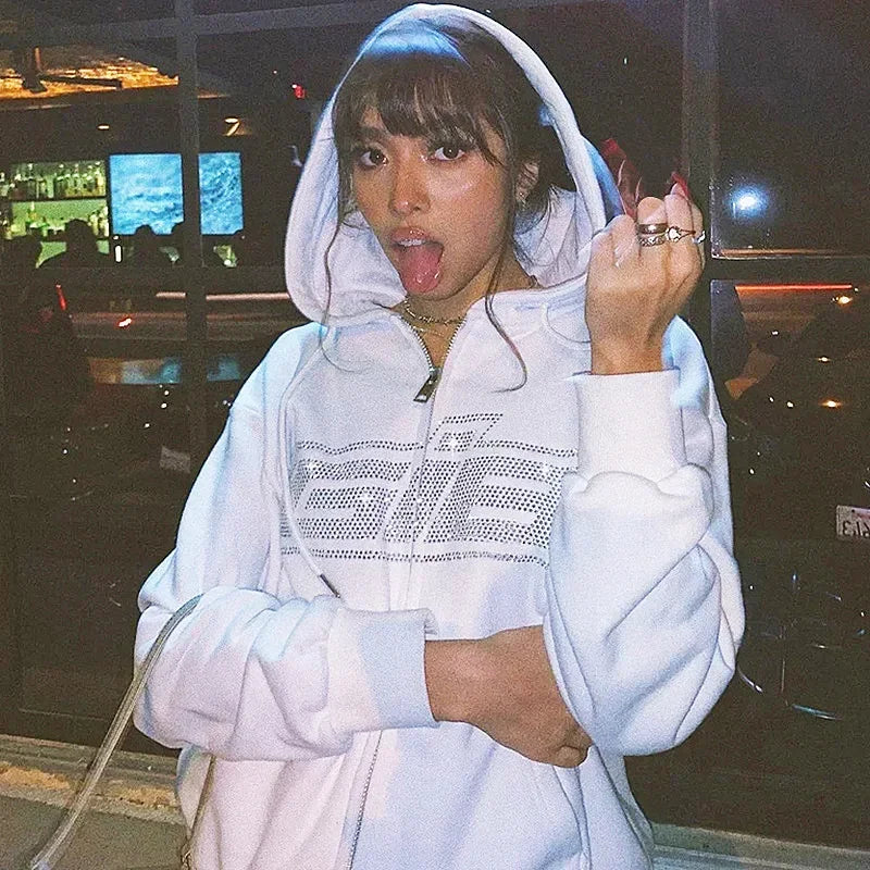 Y2K Zip Rhinestone Women Hoodie 2025 Oversized Hoodies E-girl Goth Punk Jacket Long Sleeve White Sweatshirts Trend Streetwear
