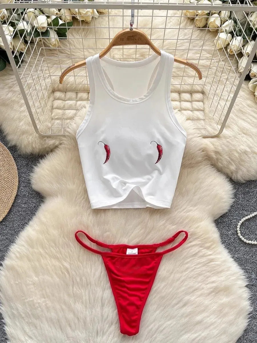 Foamlina Seaside Beach Suit Women's Swimsuit Two-piece Set Pure Desire Sleeveless Printed T-Shirt Vest Bikini Triangle Shorts