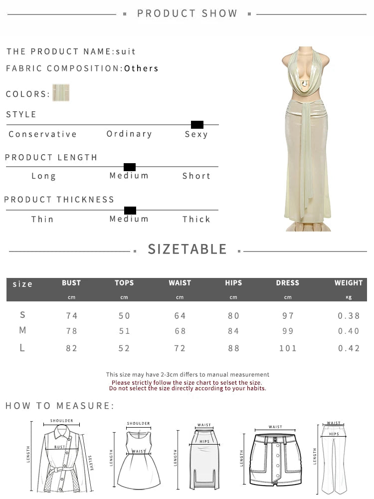 Weird Puss Thin Sexy Women 2 Piece Set Glitter Sheet Metal Backles Shalter Tank Tops+Ribbon Skirts Tight Vacation Matching Suits