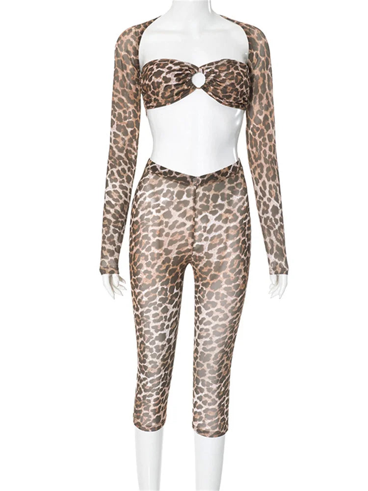 Weird Puss Sexy 3 Piece Set Women Leopard Print Mesh Full Sleeve Shawl+Bandage Metal Buckle Bra+Pants Street Trend Matching Suit