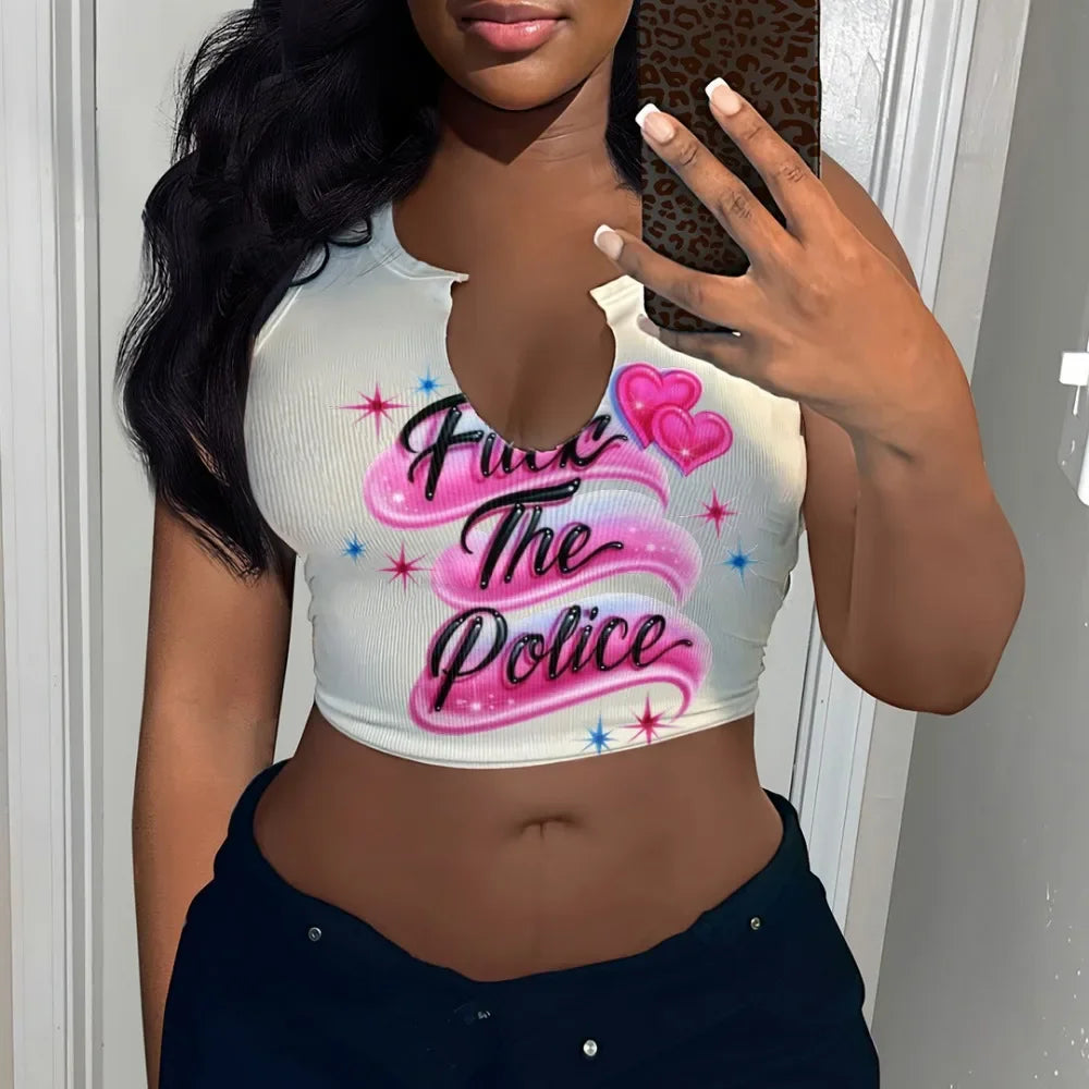 HLJ&GG 2024 INS Fashion Y2k T Shirts Letter Print Crop Tops Girls Streetwear Short Sleeve Slim-fit V-neck Tees T Shirt White New