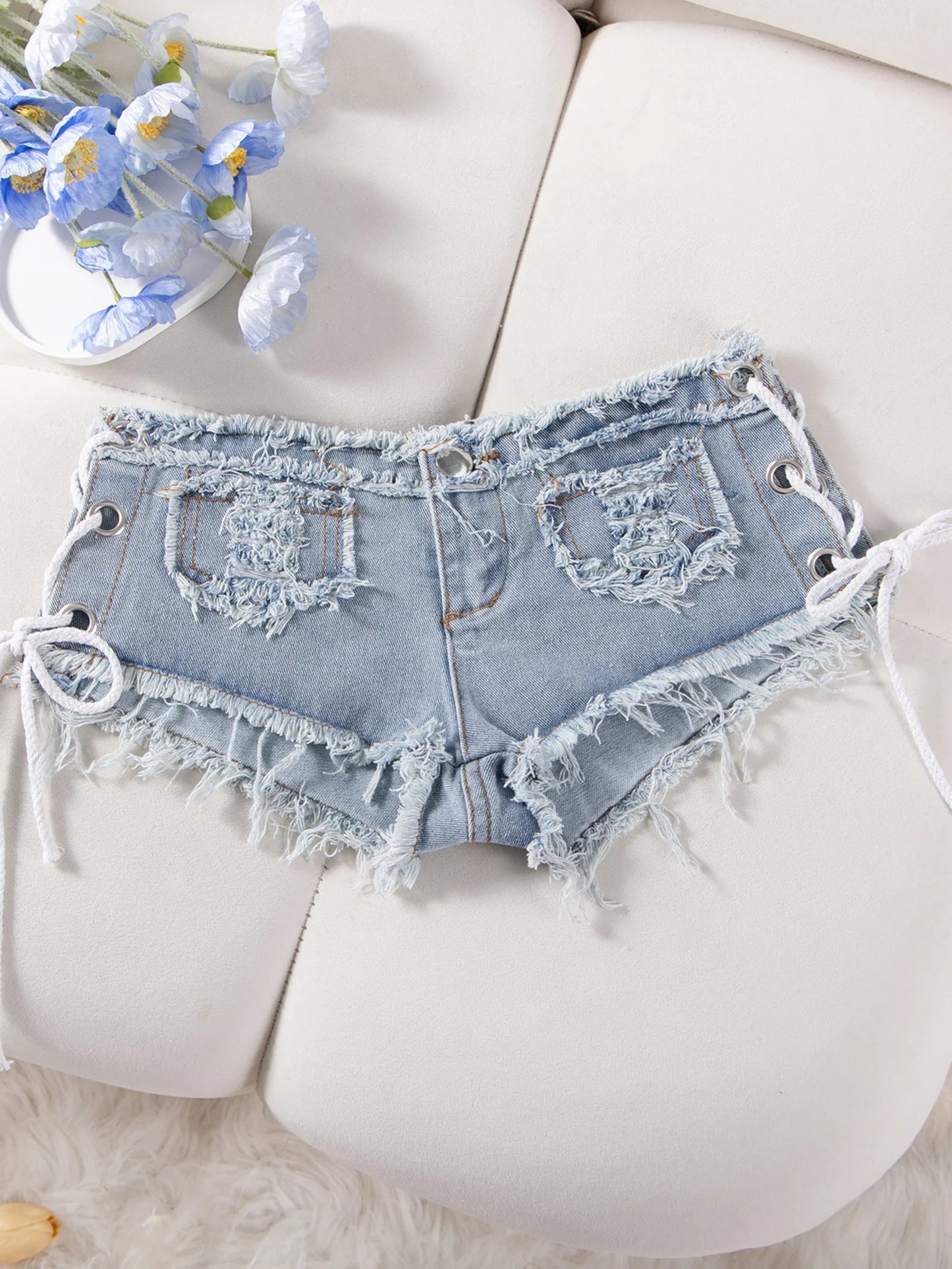 Women Low Rise Denim Shorts Side Lace Up Ripped Frayed Hem Y2K Summer Hot Pants Sexy Streetwear 2026