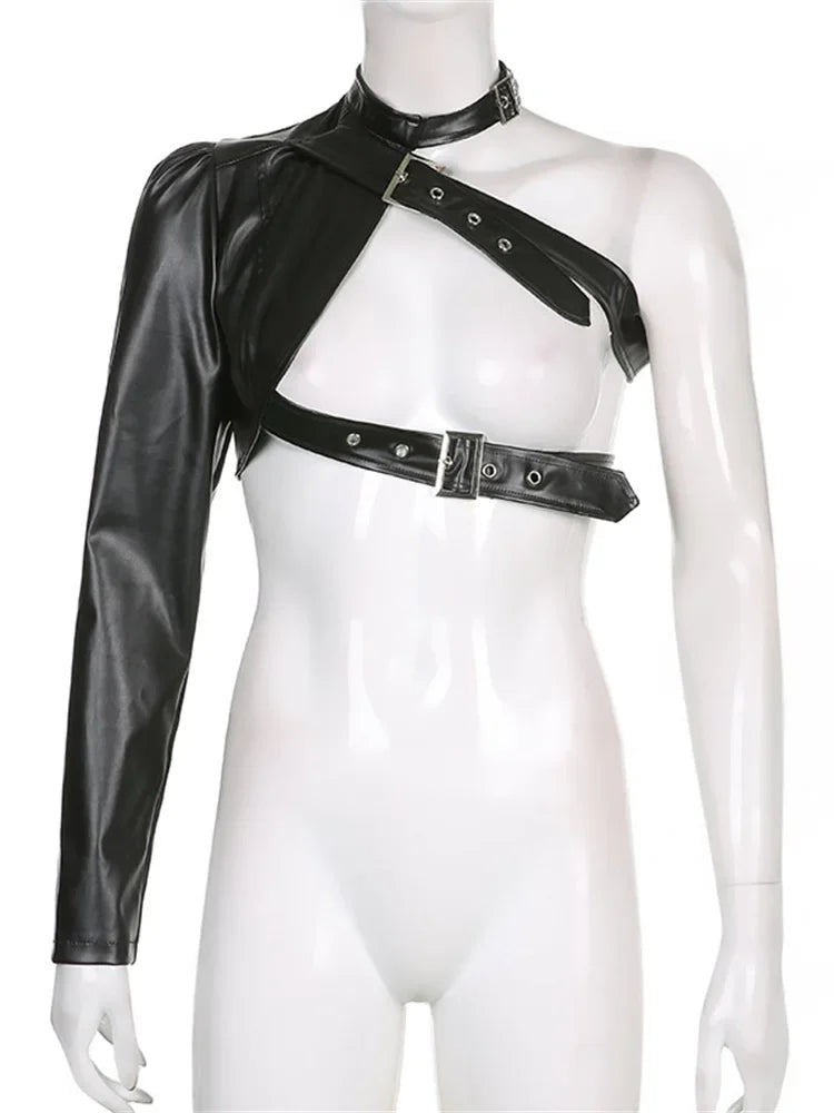 Women PU Leather Jackets Fashion Punk Gothic E Girl Y2K Crop Tops Single Long Sleeve Neck Hanger Buckle Belt Coat Outerwear