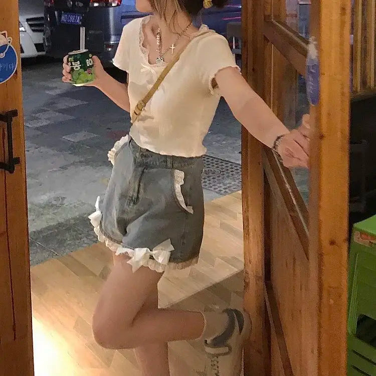 Japanese Preppy Style Bow Lace Patchwork Y2k Shorts Women Summer Straight Hotsweet High Waist jeans Short Pants Ruched