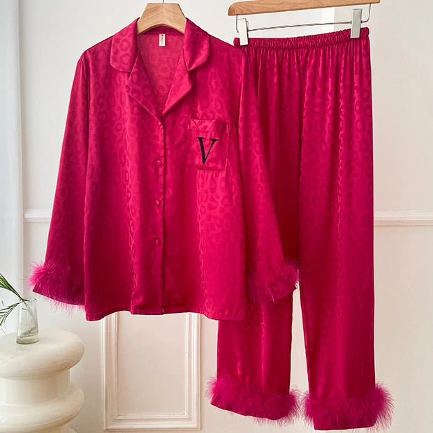 Female 2PCS Pajamas Set Spring Autumn Feathers Long Sleeve Trouser Suits Sleepwear Fashion Sexy Rayon Hot Pink Leopard Homewear