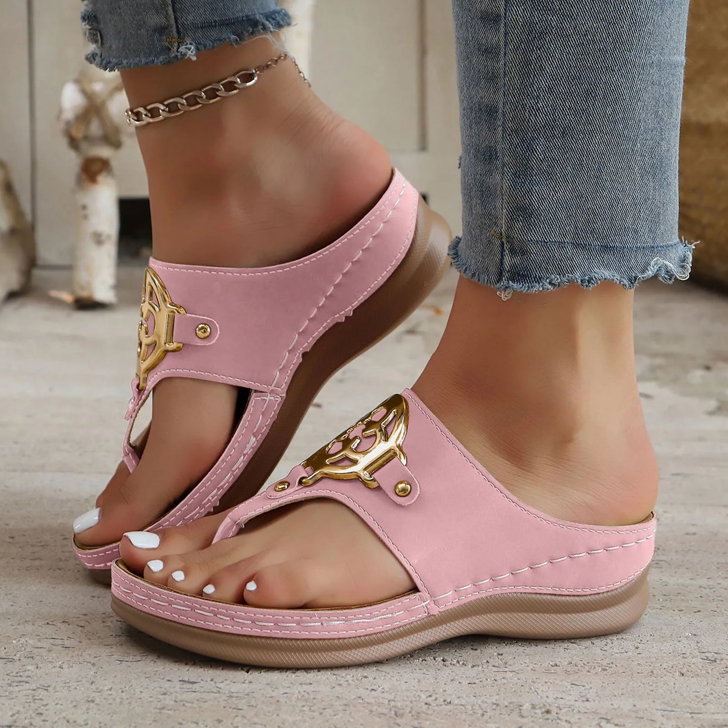 Flip Flops Women's Hollow Out Wedge Summer Wedge Sandals Clip Toe Orthopedic Sandals Woman PU Leather Non-Slip Soft Flip Flops