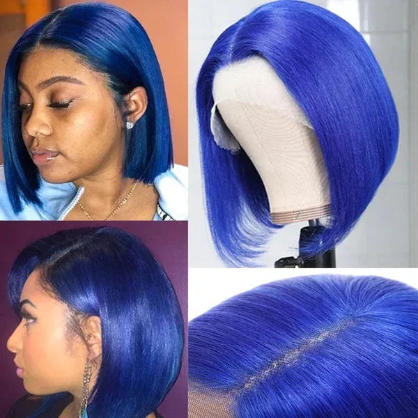 Short Bob Blue Colored 13X4 Lace Part Transparent Lace Peruvian Virgin Hair Wig For Women 100% Human Wig Straight Wig For Women