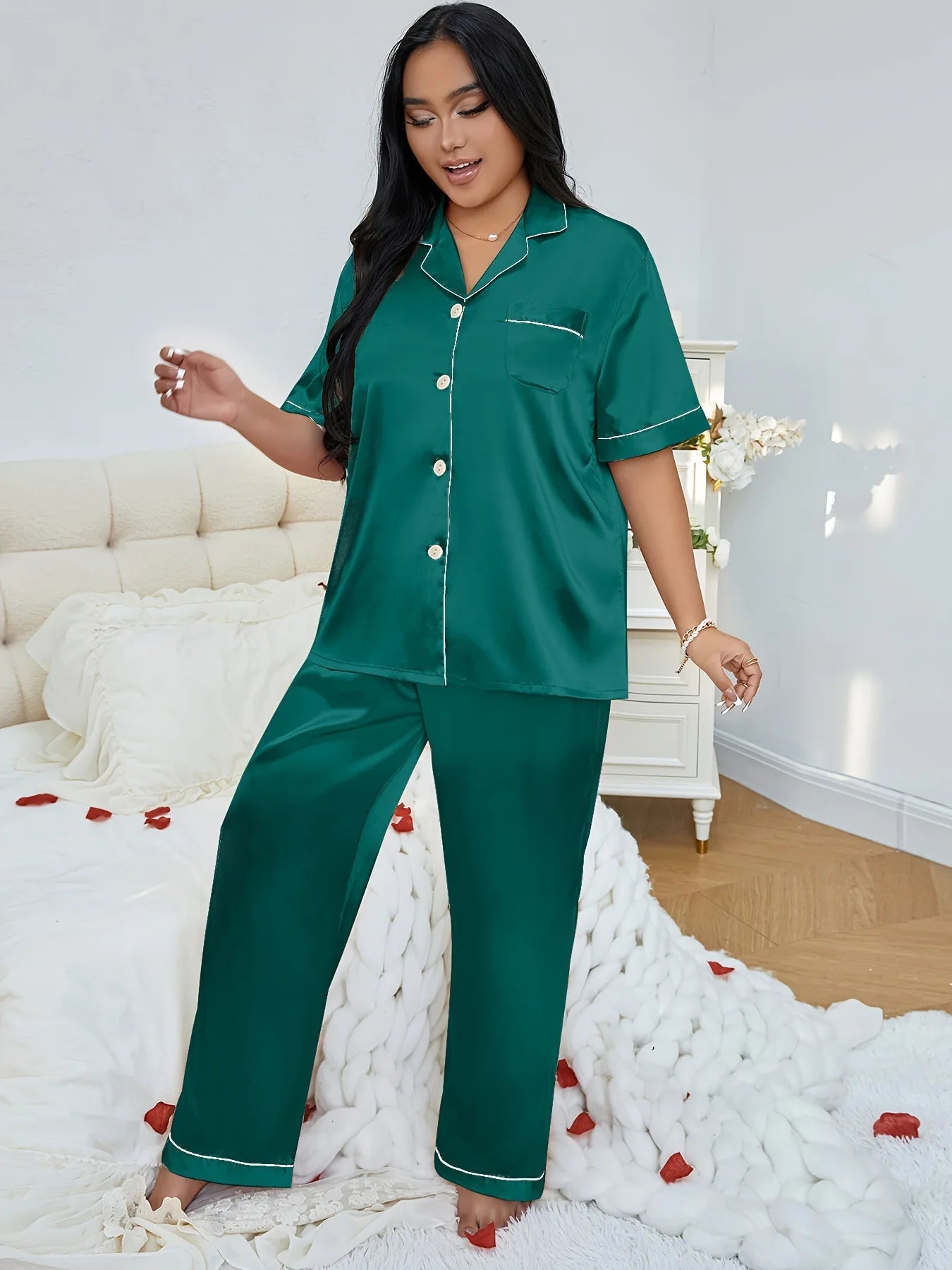 Plus Size 3XL 4XL 5XL Women's Sleepwear Pajamas Set Spring Summer Short Sleeve Trouser Suits Loungewear Loose Satin Homewear