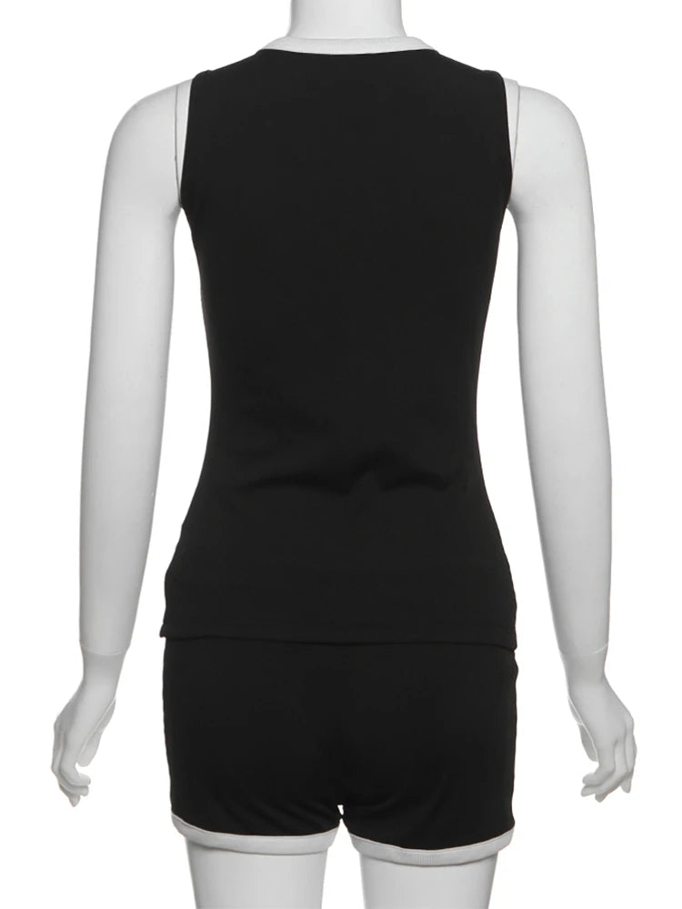 Weird Puss Ribbed Patchwork 2 Piece Set Women Single-Breasted Sleeveless Tops+Stretch Shorts Daily Casual Trend Classic Outfits