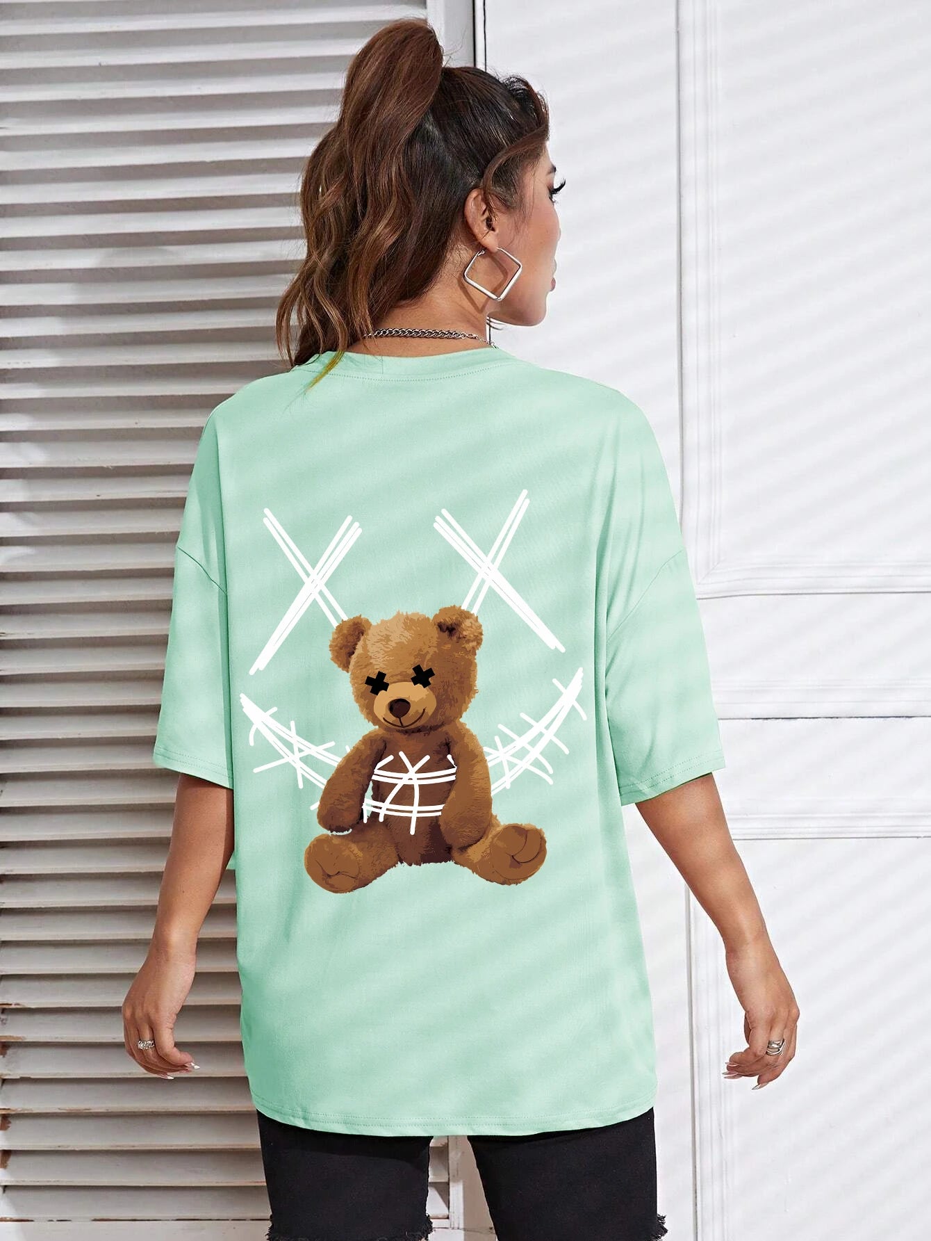 A Stuffed Bear Bound With A Bandage Print T-Shirts Female Casual Soft Tops Fashion Cool Tee Clothes Street Summer Short Sleeves