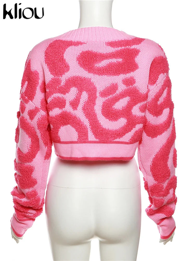 Kliou Knit Coats ladies Autumn New Full Sleeve Breasted Buttons V-neck Ruched Sweather Outwear Bare Midriff Street Tops