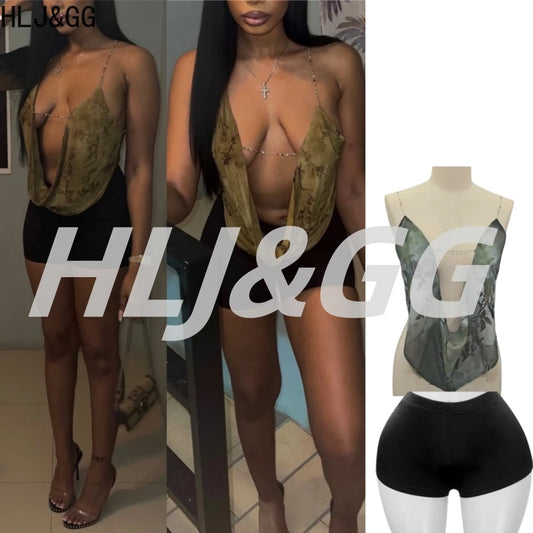 HLJ&GG Sexy Pattern Print Hollow Halter Two Piece Sets Women Deep V Backless Top And Shorts Outfits Fashion Y2K Streetwear Trend