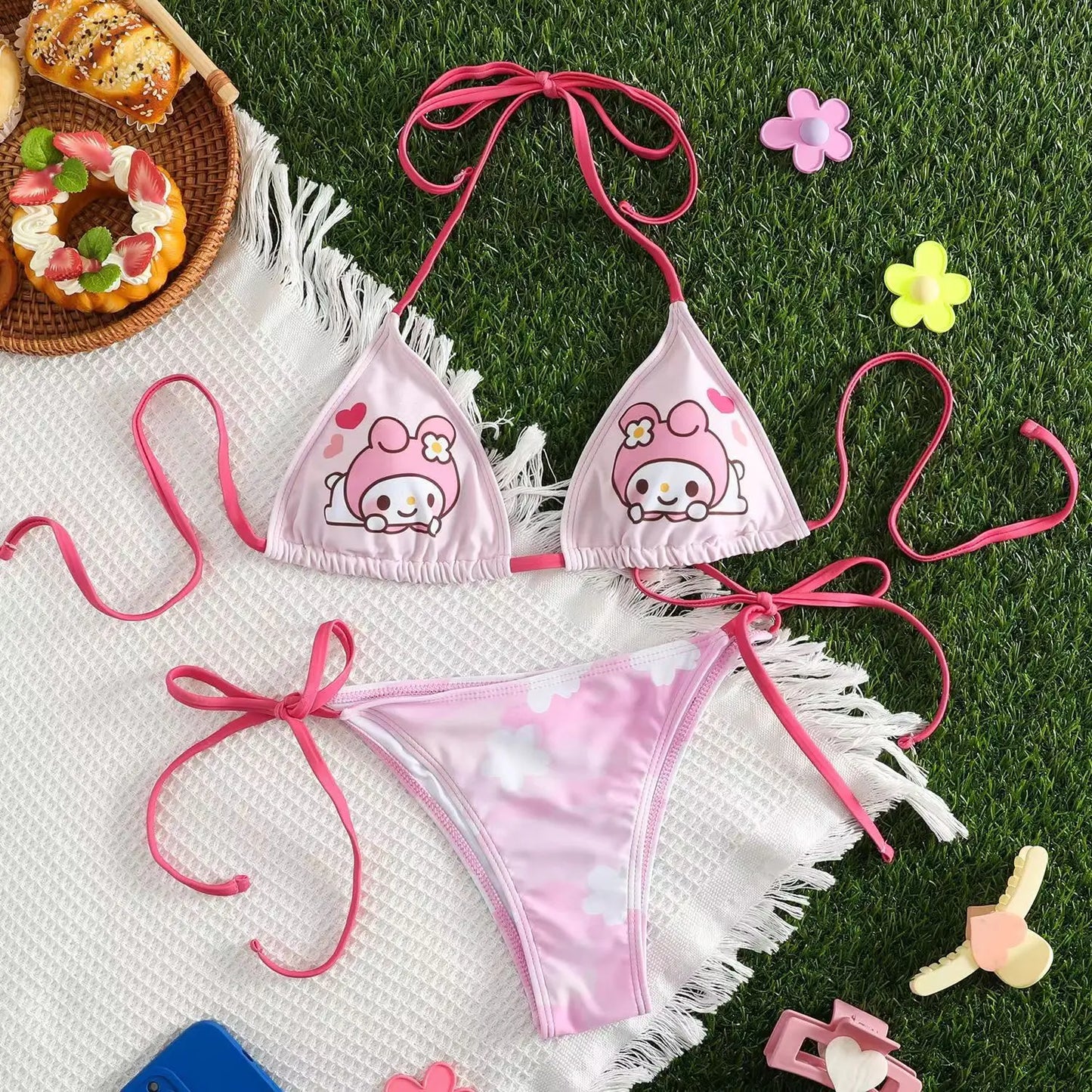 Sanrio Hello Kitty Kawaii Bikinis Set Cute Cartoon Anime Summer Beach Soft Side Strappy Panties Kawaii Swimsuit Sexy Bikini Y2k