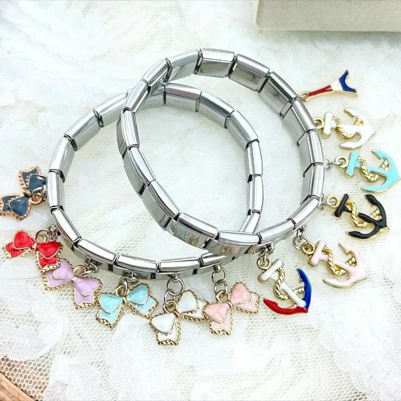 2025 NEW Popular Bow Anchor Pendant Elastic Charm Italian Links Fit 9mm Modular Bracelet Making DIY Jewelry Bulk