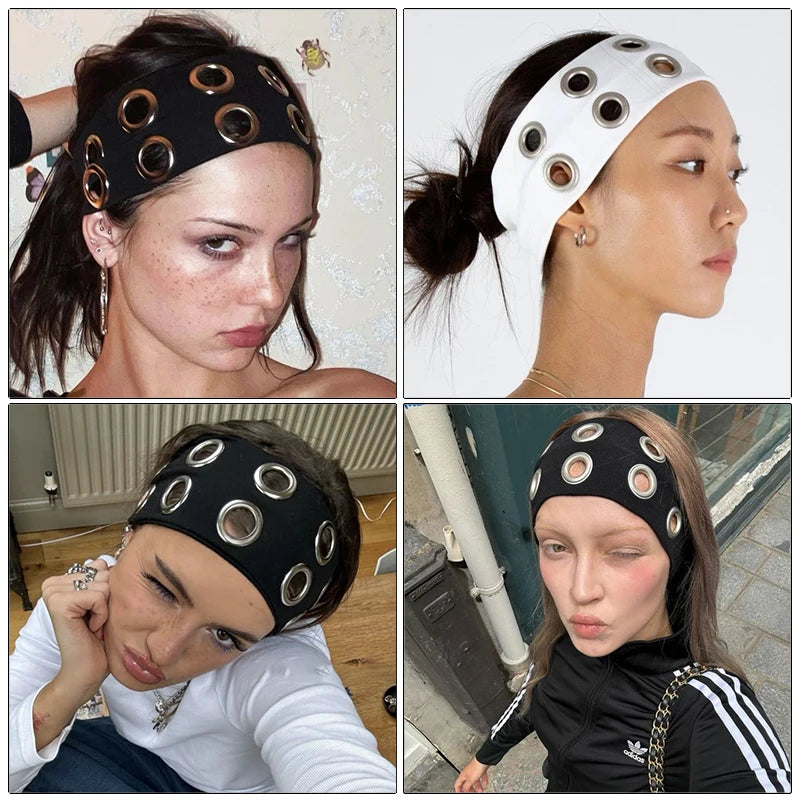 AWAYTR Punk Girl Fabric Hollow Elastic Headbands Metal Rock Personalized Hollow Eyelets Hair Band Casual Sports Grommet Headband