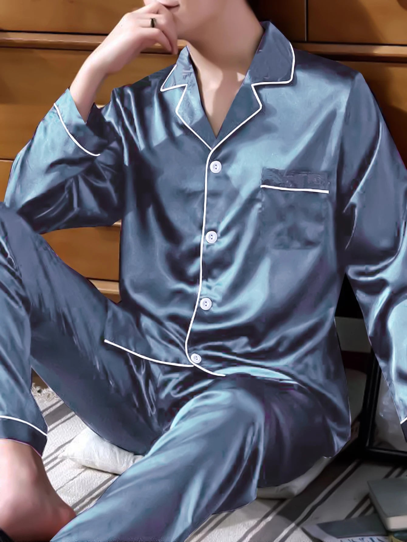 Two piece sets men's pajamas autumn and winter silk satin long sleeved pants casual simple solid color sleepwear set