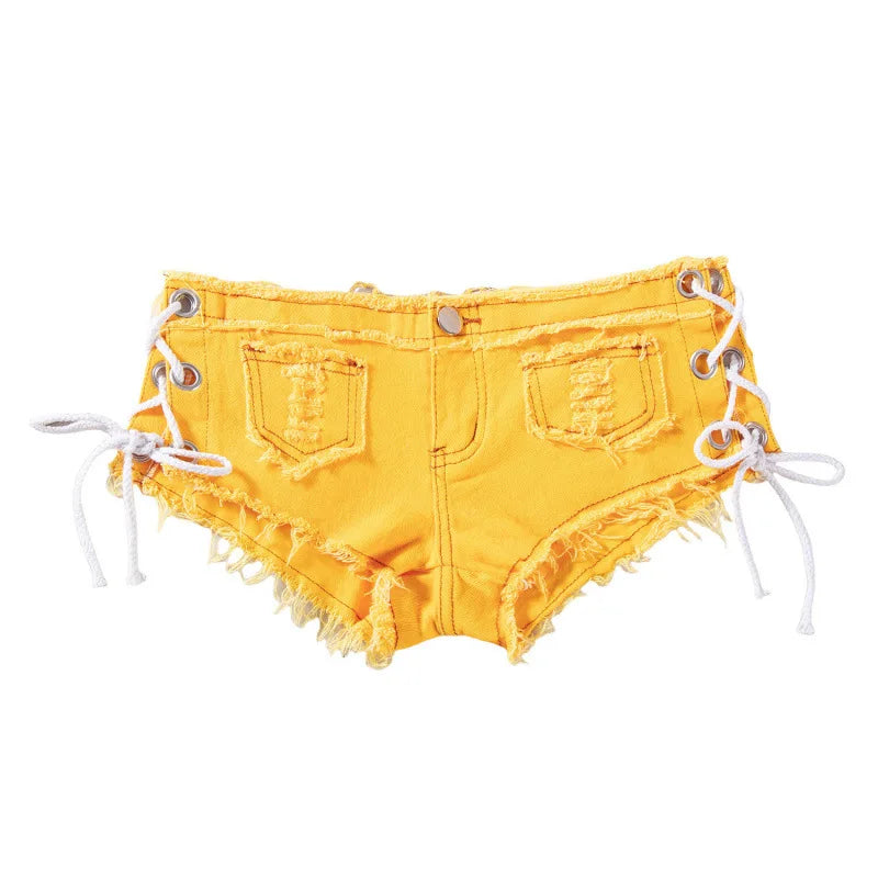 Women's Y2K Low Rise Denim Micro Shorts Lace-Up Side Frayed Booty Shorts for Rave Party Nightclub
