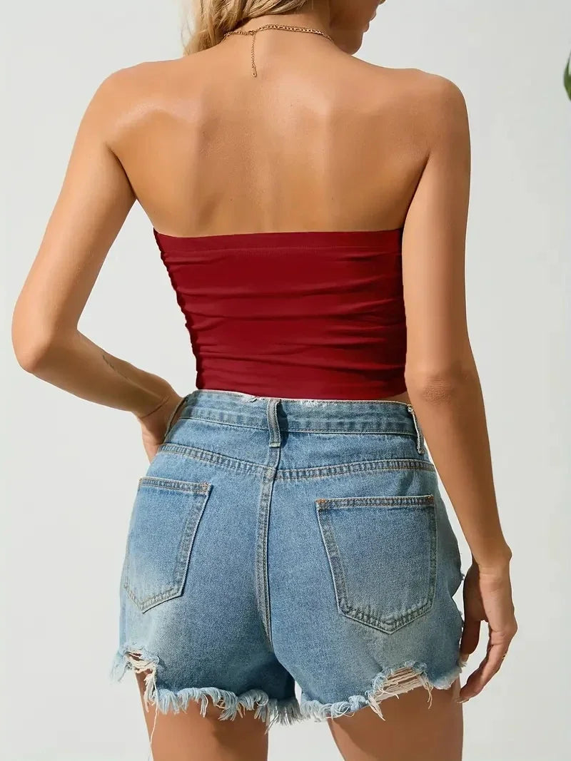 Europeans And Americans Solid Color Strapless, Off-the-shoulder Short Bodice Women's Backless Short Boat Neck Cami Tank Top