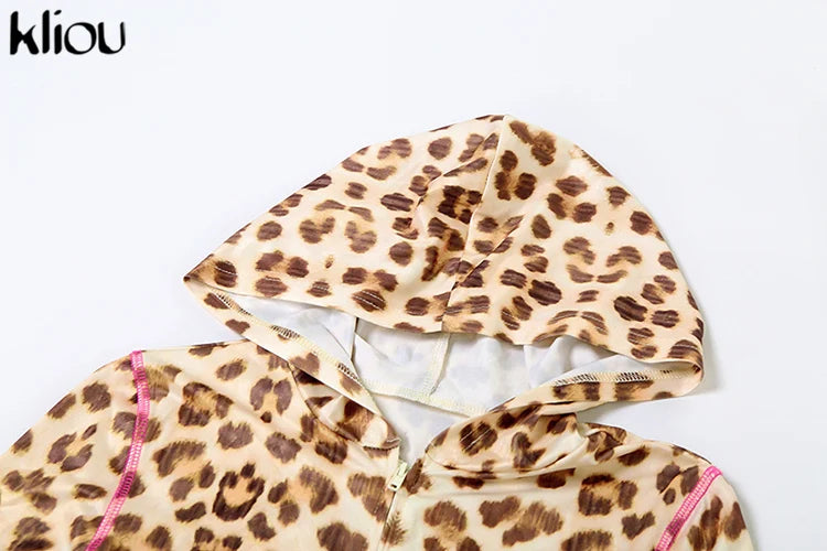 kliou Popular Leopard Women 2 Piece Set Trend Letter Print Hooded Long Sleeve Zip-up Tops+Matching Pants Female Trend Streetwear