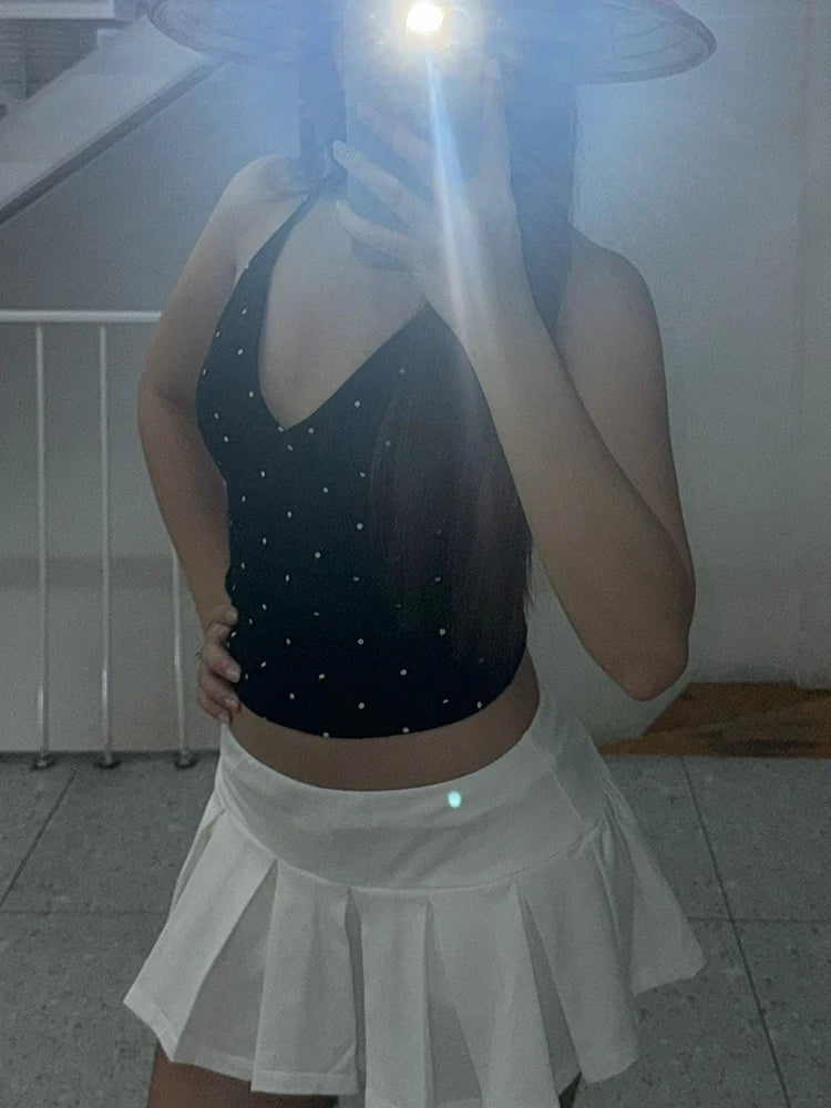 Weird Puss Polka Dot Print Tank Tops Women V-Neck Halter Lace-Up Backless Sleeveless Skinny Sexy Daily Street Summer Basic Vest