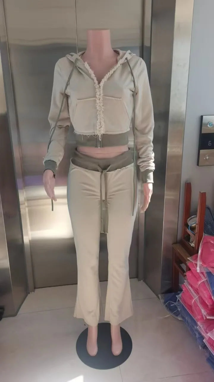 Autumn Winter Fashion Street Women Two-piece Casual Solid Color Zipper Cardigan Slim Hoodie With Bodybuilding Pants Sports Suit