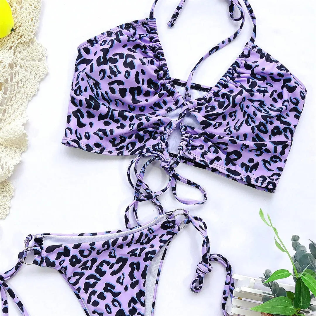 Sexy High Cut Leopard Bikini Women Swimwear Female Swimsuit Two-pieces Bikini set Lace Up Bather Bathing Suit Swim V1708
