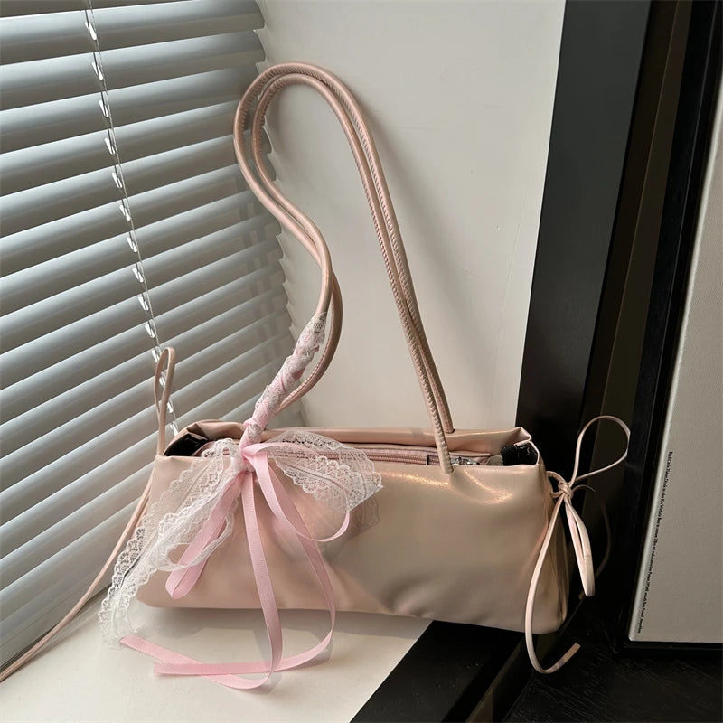 Korean Bow Ribbon Handbag Fashion Lace Square Shoulder Bag French Elegant Baguette Bag Leisure Large Capacity Tote Underarm Bag